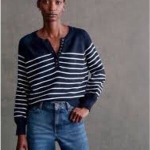 Sezane Navy and White Striped Henley Sweater